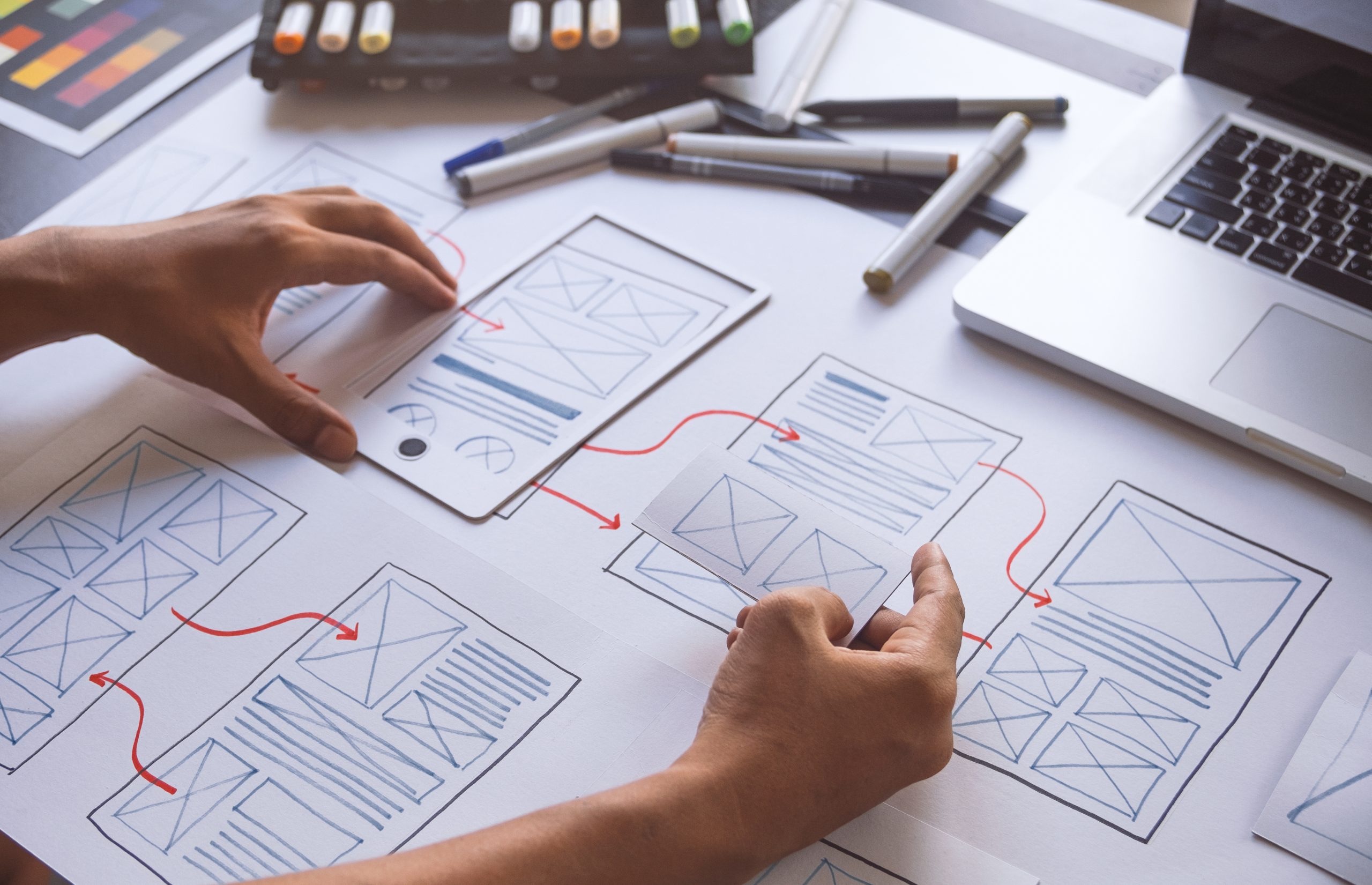 ux Graphic designer creative sketch planning application proces ux Graphic designer creative sketch planning application process development prototype wireframe for web mobile phone . User experience concept.